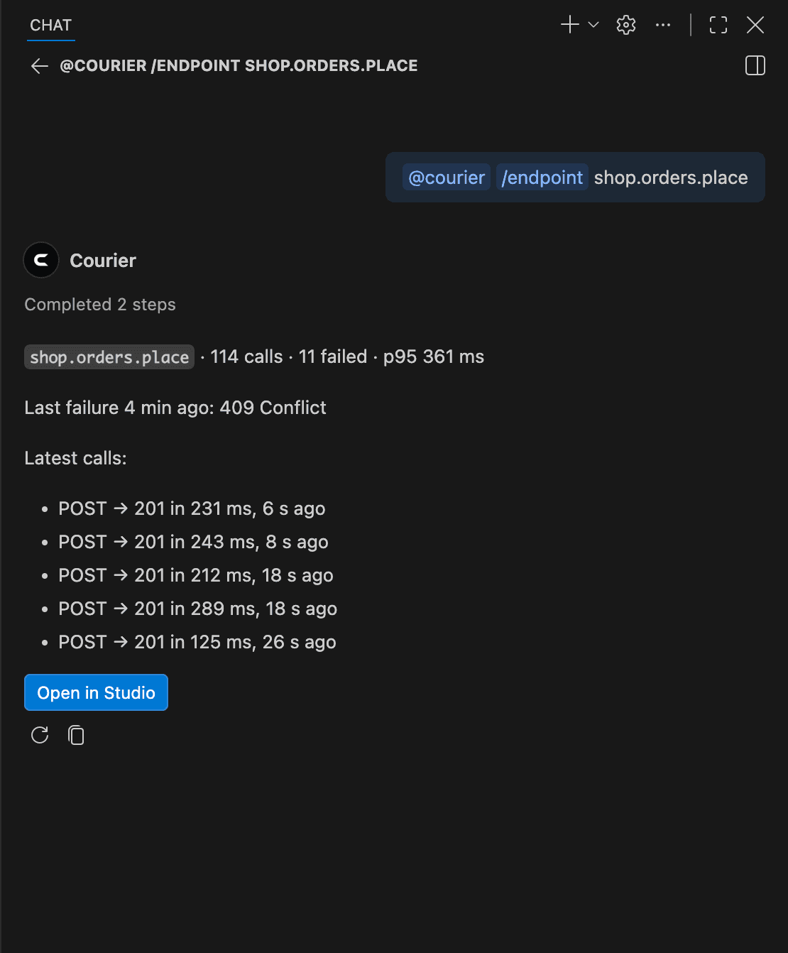 The chat with @courier's answer to /endpoint shop.orders.place: its calls, failures and p95, its latest failure, its latest calls with their statuses and times, and an Open in Studio button