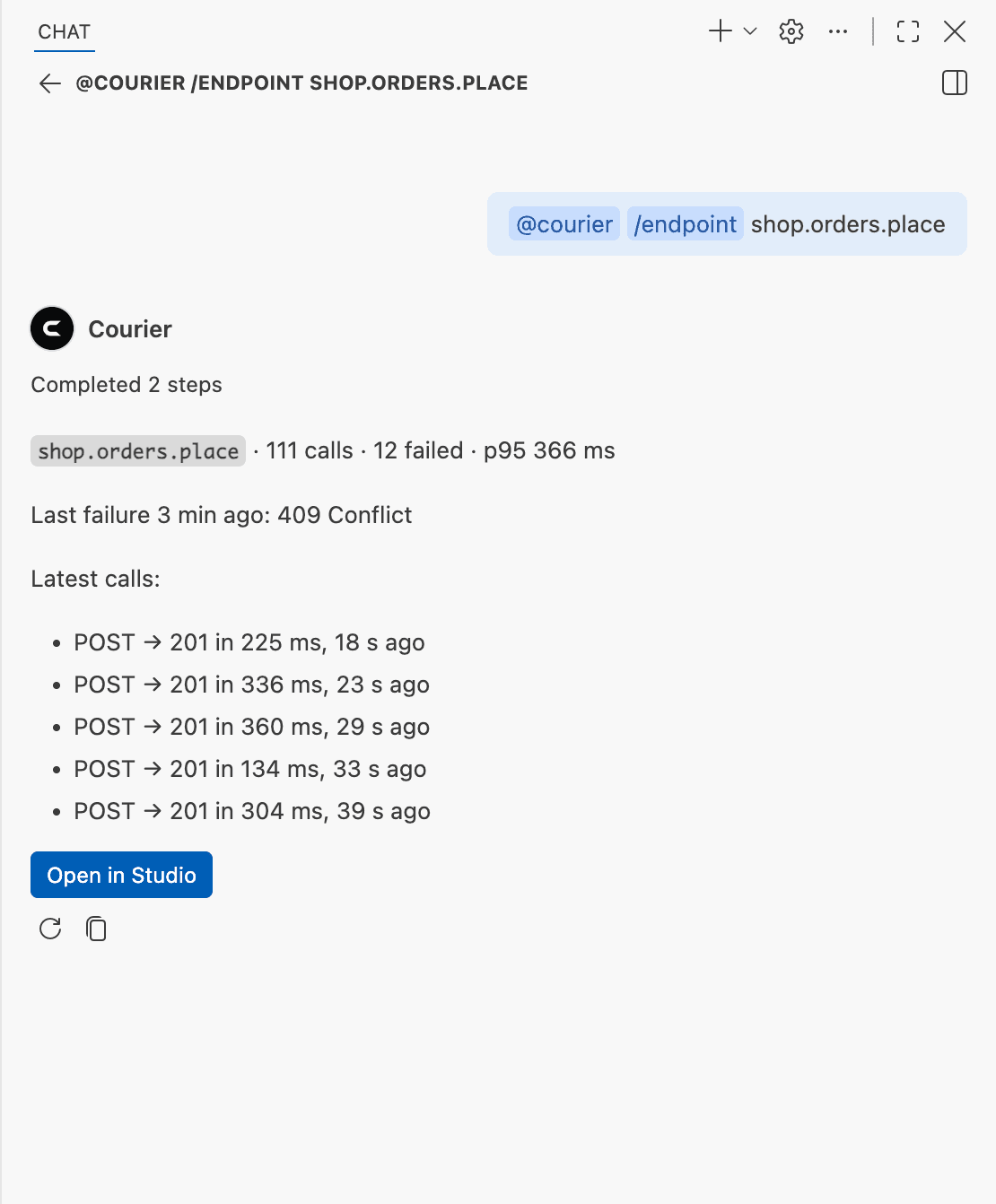 The chat with @courier's answer to /endpoint shop.orders.place: its calls, failures and p95, its latest failure, its latest calls with their statuses and times, and an Open in Studio button