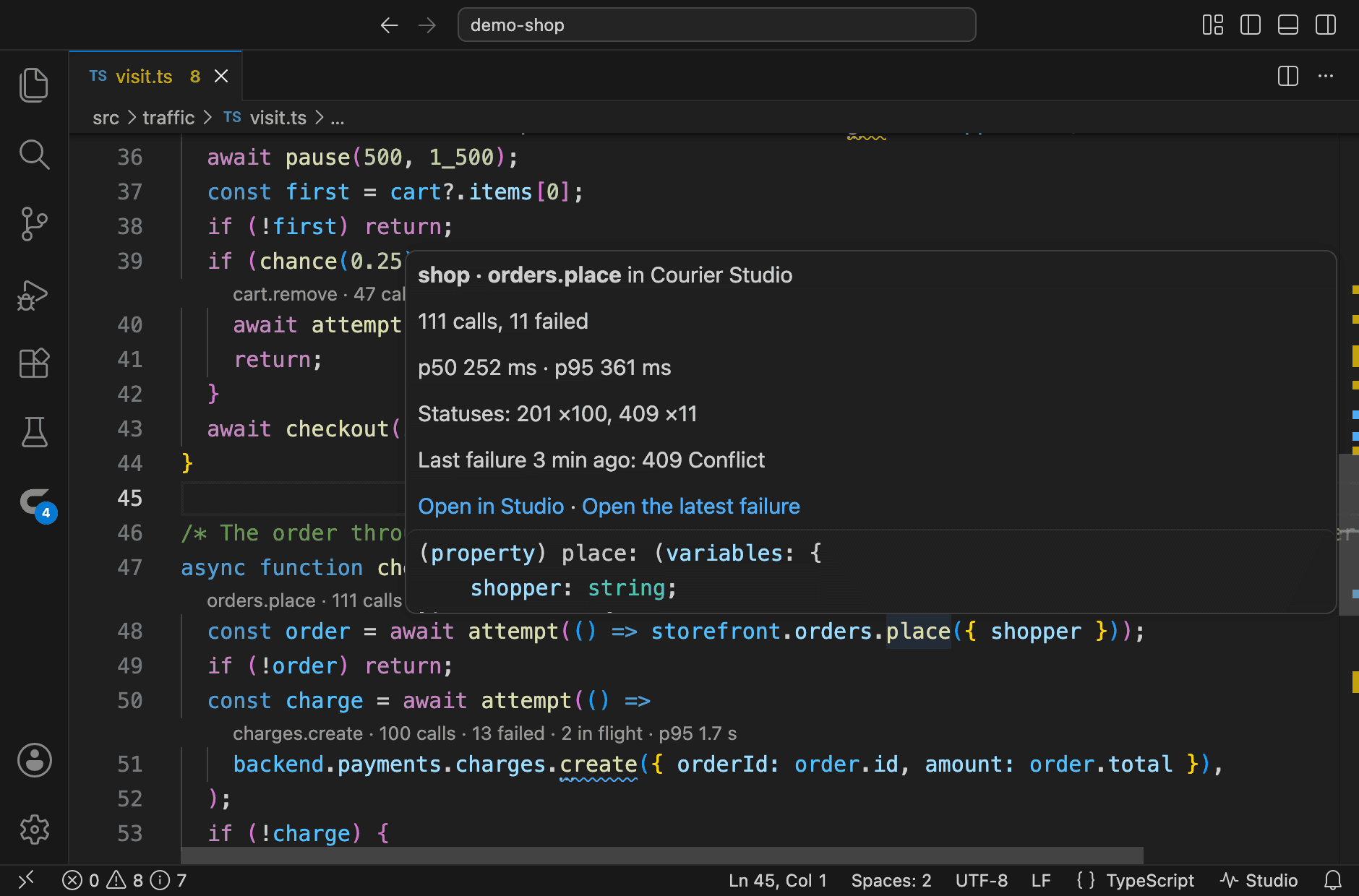 The hover over a call to orders.place: its calls and failures in Courier Studio, the median and the 95th percentile, the statuses the calls ended with, the latest failure — a 409 Conflict — and links that open the endpoint and the failed request in Studio