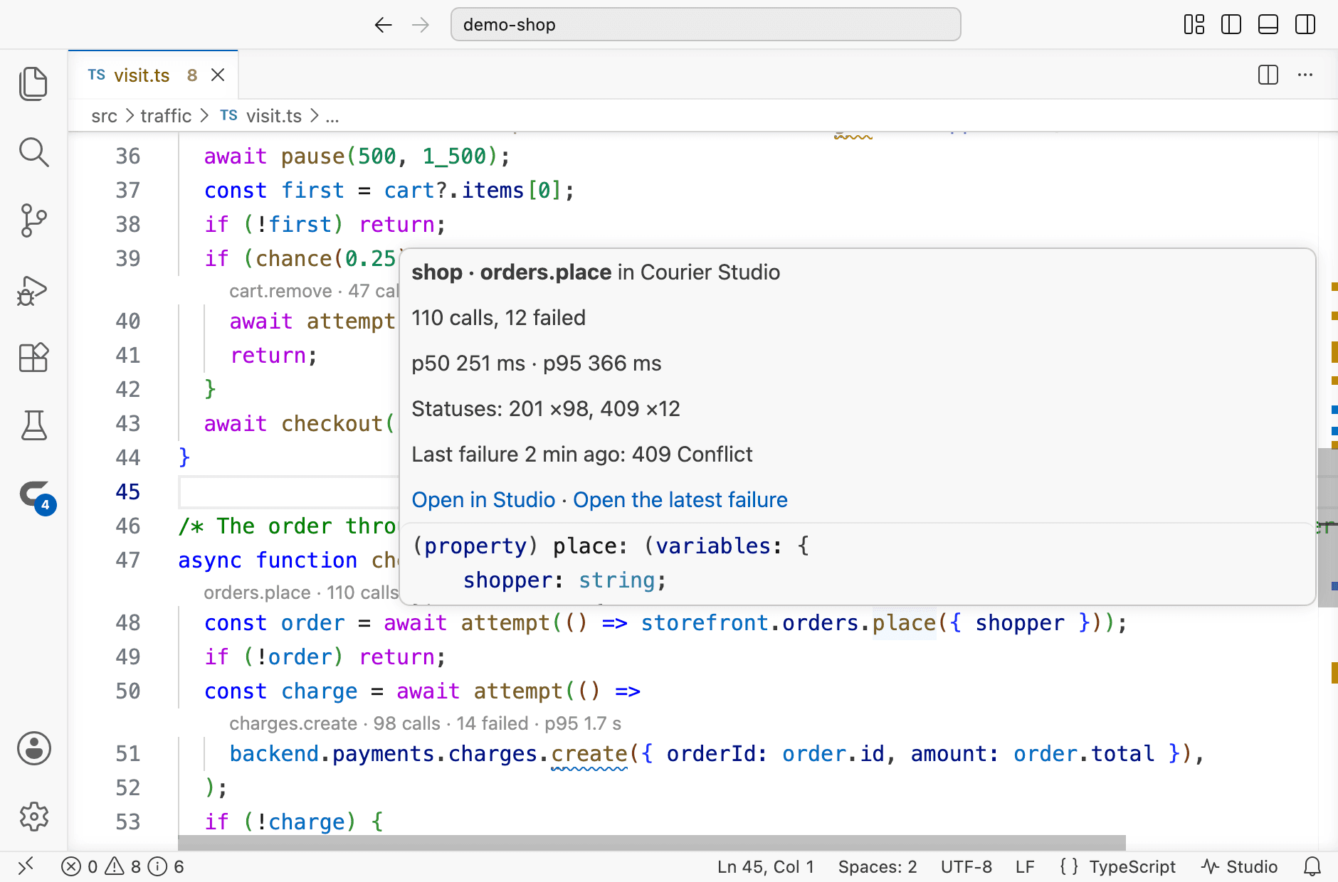 The hover over a call to orders.place: its calls and failures in Courier Studio, the median and the 95th percentile, the statuses the calls ended with, the latest failure — a 409 Conflict — and links that open the endpoint and the failed request in Studio