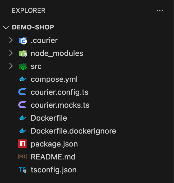 The Explorer in vscode-icons: the .courier folder with Courier's folder icon, courier.config.ts with Courier's mark in blue and courier.mocks.ts with it in violet