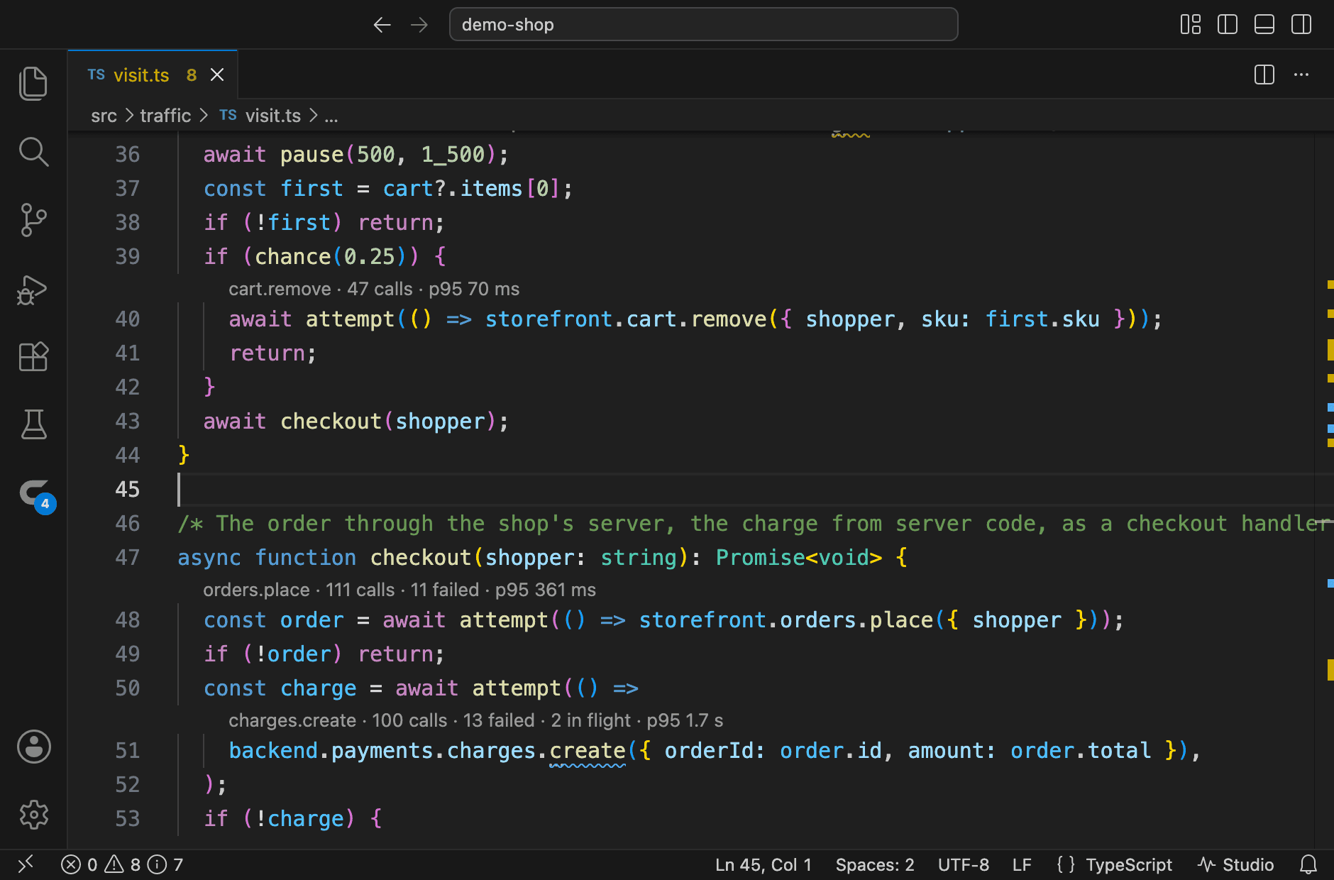 VS Code with a shop's checkout code open: above each call to an endpoint, a line saying how many calls it had in Courier Studio, how many failed and how long nineteen in twenty took
