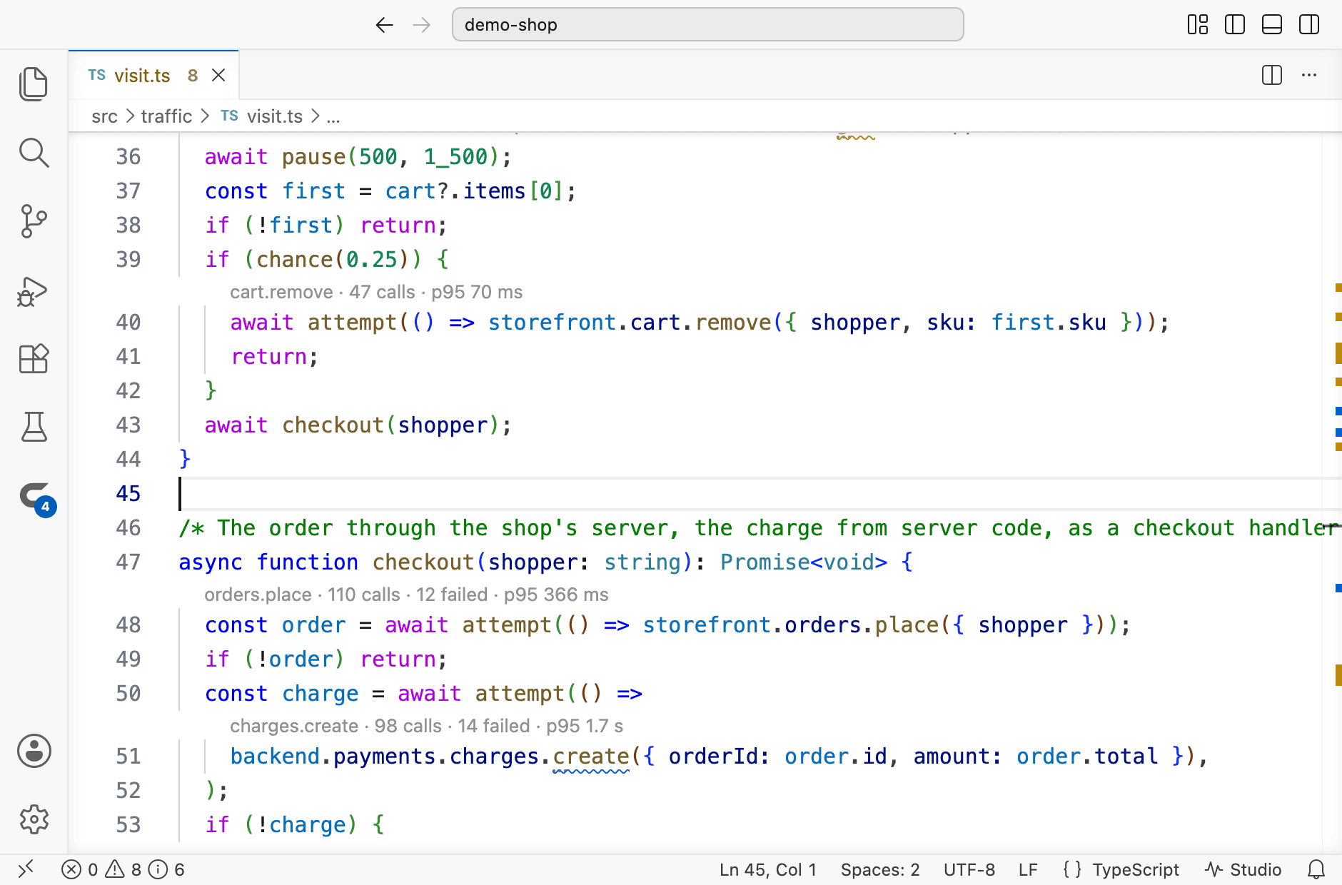 VS Code with a shop's checkout code open: above each call to an endpoint, a line saying how many calls it had in Courier Studio, how many failed and how long nineteen in twenty took